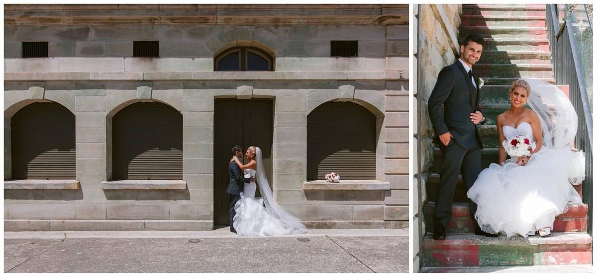 wedding portraits of the wedding couple posing in front of a historic venue at Ripples Chowder Bay.