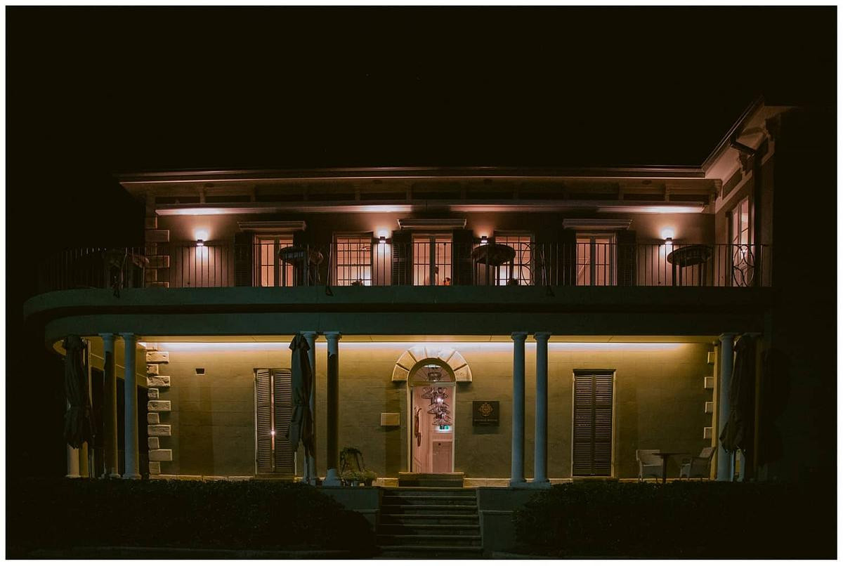 Night wedding photography at Dunbar House Watsons Bay showcasing its beautiful architecture..